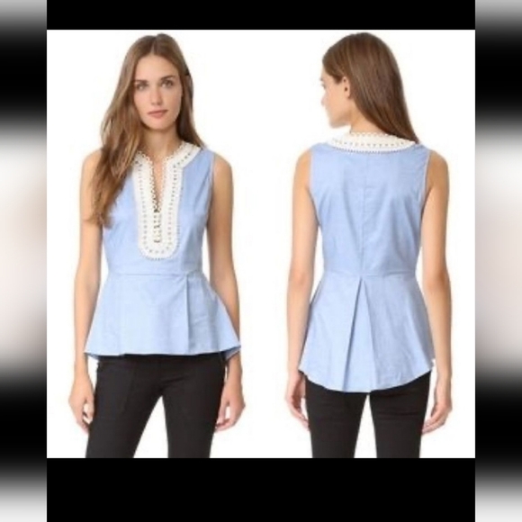 Veronica Beard - Light Blue Sleeveless‎ Peplum Top W/ Cream Embroidery - Picture 1 of 7